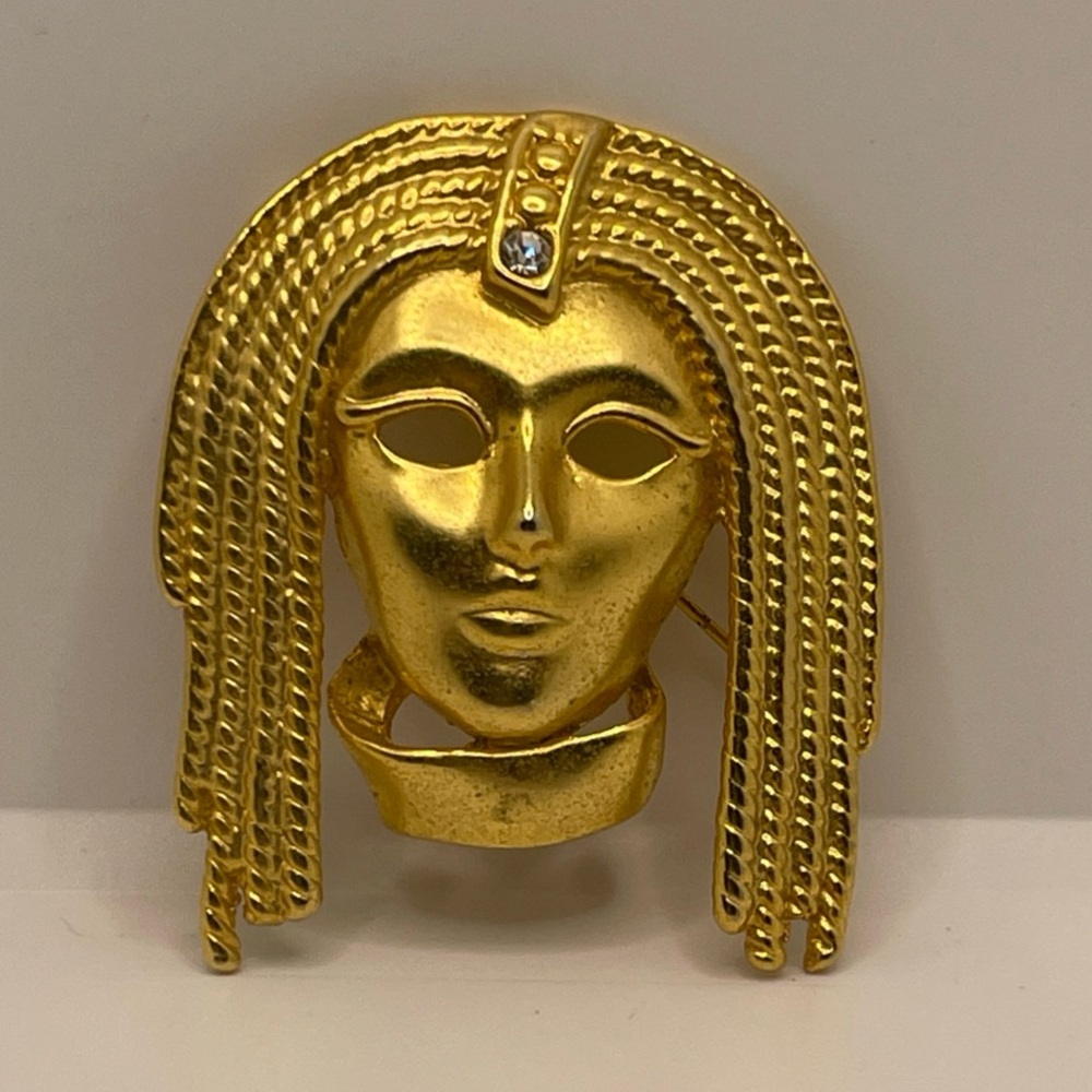 Vintage tribal or Egyptian Mask pin gold tone jeweled mask brooch pin unique